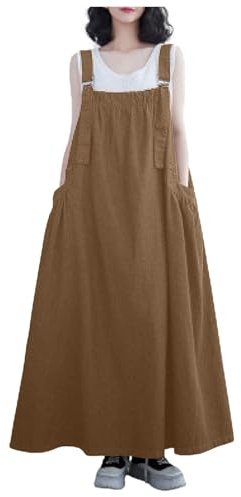 Robe en Jeans Jupe Salopette Femme Grande Taille Maxi Robe Été Vintage Robe en Denim Chic et Élegant Jarretelles Jupe Longue Robe Avec Boutons Salopette Longue à Bretelle sans Manche (04-Brun, L)