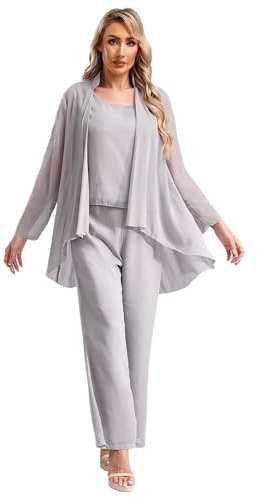Linjinx Femme Ensemble 3 Pièces Pantalons Costume de Soirée Cocktail Bal Mariage Cérémonie Mousseline Boléro Cardigan Manches Longues Débardeur Tenue Chic Outfits Suit Gris 2XL