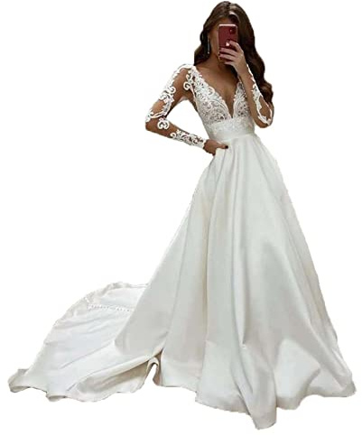 WZEFEIO Vestido de Novia Retro, Vestido de Novia de Encaje Applikes Vestido de Novia de Manga Larga Vestido de Novia Sirena Vestido de Dama de Honor, Blanco, 16