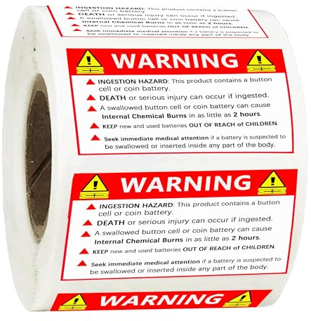 Button Cell Battery Warning Labels Ingestion Hazard Label 2.5 x 1.5 Inch Child Safety Hazard Labels Red Out of Children Stickers for Bags, Packaging Boxes 500 pcs