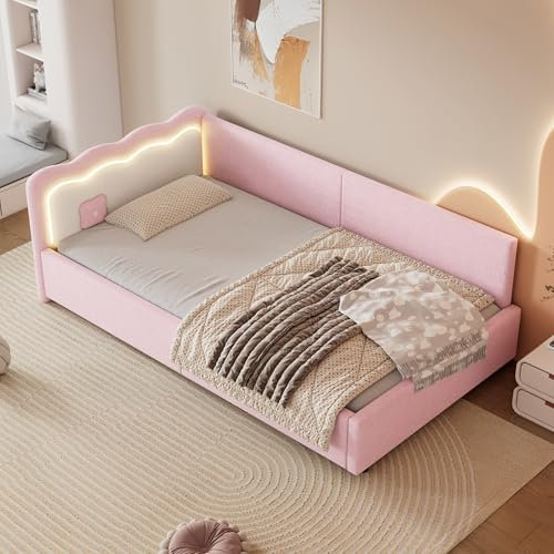 Aoskem Polsterbett Tagesbett Kinderbett Einzelbett 90x200 cm mit LED-Kopfteil, Daybett Sofabett Jugendbett Schlafsofa Gästebett Flachbett Bettgestell mit Lattenrost, Ohne Matratze, Vliesimitat Rosa