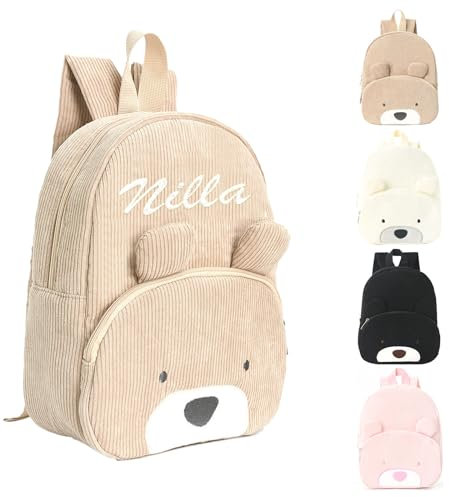 Personalisierte Rucksack Kinder mit Gestickt Namen, Bär Kinderrucksack für Mädchen Junge, Kita Mini Backpack Kleinkind, Kindergartenrucksack Schulranzen Tasche für Kindergarten Schule (Khaki)