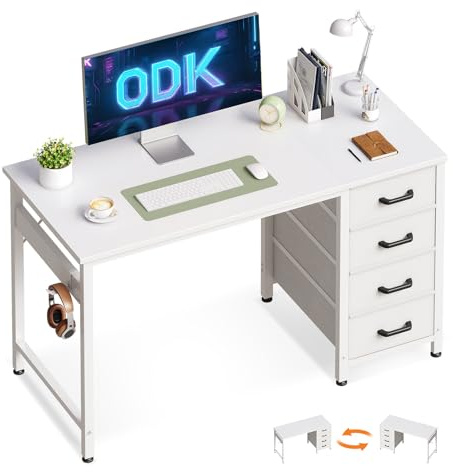 ODK Computer Desk with Drawers, 100 x 48 cm Office Desk with Storage & Headphone for Small Spaces, Reversible Small Study Table for Home Office, White