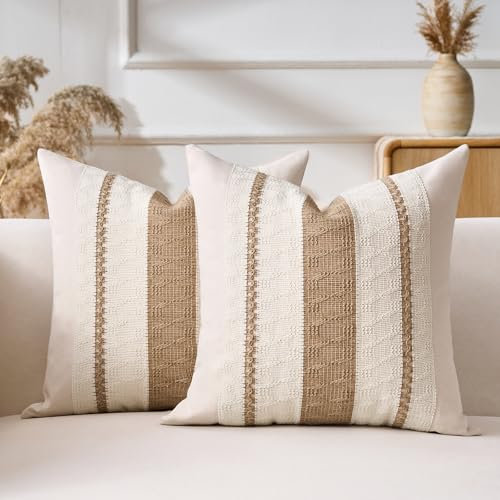 Aisybaklyn Kissenbezug 50x50 2er Dekokissen Kissenhüllen Boho Deko Baumwolle Sofakissen Braun Gestreift Gewebt Strukturiert Moderner Bauernhaus Dekorative Kissenbezüge für Sofa Schlafzimmer Wohnzimmer