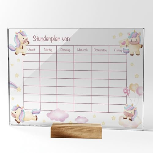 MeinBaby123® Stundenplan aus Acryl abwischbar inkl. Holzhalterung | Einschulung | Schulanfang Geschenk | Wochenplan | Mädchen | Stundenplan Einhörner