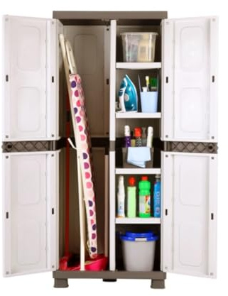 Sfree - Armoire de rangement en plastique avec portes - 73 x 44 x 179 cm - Beige crème - Avec 4 étagères réglables - Convient pour l'intérieur et l'extérieur - Armoire à balais multifonction