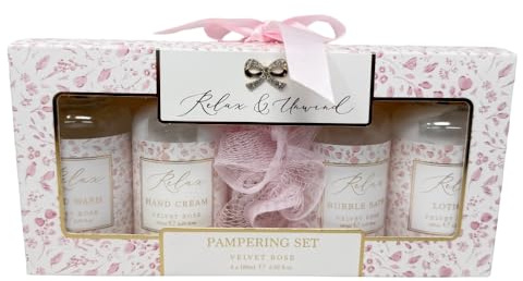 Relax & Unwind Velvet Rose Spa Gift Set – 3 Pamper Styles – Bath & Body Gift Set With Shower Gel, Lotion, Hand Cream & Puff – Birthdays, Mother’s Day & Christmas HTUK (Pampering Set)