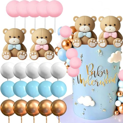 Shamoparty 22 adornos para tartas de oso azul y rosa, 22 unidades, decoraciones de cumpleaños infantiles, bolas decorativas de cumpleaños