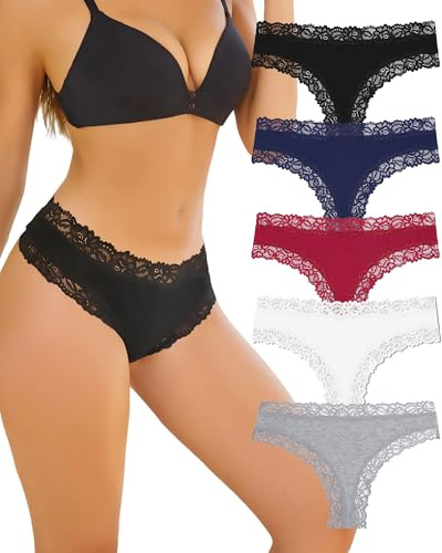 ALL OF SHE Pack De 5 Calzoncillos Algodón para Mujer Braguitas Brasileñas Encaje Sexys Hipster Cheeky Paquete Múltiple-L