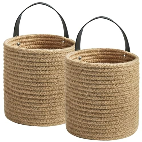 Confezione da 2 cestini da parete in spago, 18 x 20 cm, cesti portaoggetti da appendere con ganci, perfetti per l'organizzazione della casa