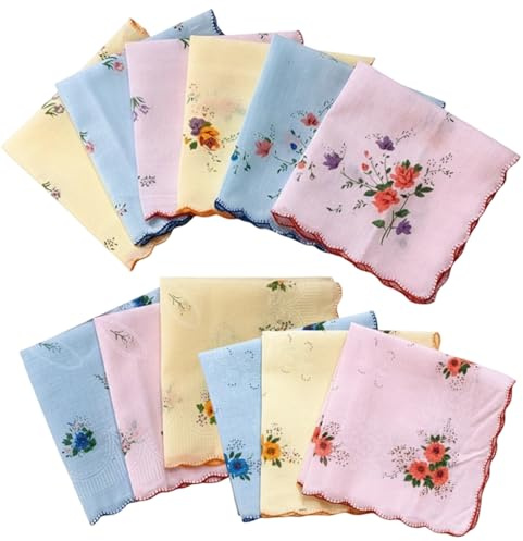 WORUIB 12 Pcs Ladies Handkerchiefs, 30x30cm Soft Cotton, Reusable Eco-Friendly Cloth Tissues for Everyday Carry, Wedding, and Special Occasions