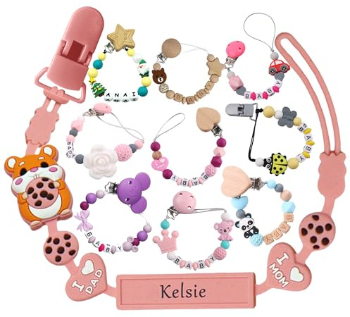 Attache-tétine personnalisé avec nom, Attache-tétine en silicone avec porte-nom Lanière pour tétine Clips pour tétines Nouveau-nés Douche Cadeaux d'anniversaire 1 paquet
