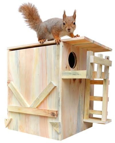 Extra Large Solid Wood Squirrel House - Natural Handmade Outdoor Nesting Box with Porch to Welcome Squirrels & Chipmunks - Easy Mounting Kit for Backyard, Tree, or Fence