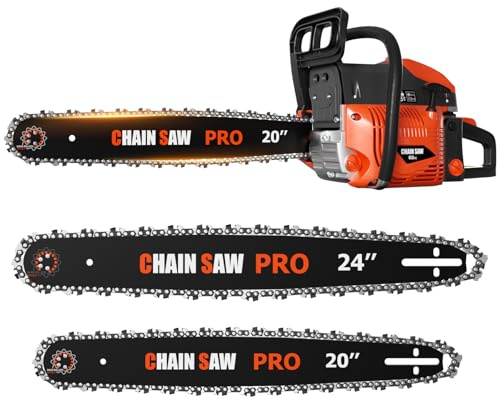 62CC Gas Chainsaw, Professional Chainsaw with 2-Stroke Engine, 20inch & 24inch Chain Saw Bar, Ergonomic Non-Slip Handle & Dual Fuel Tanks for Tree Wood Cutting