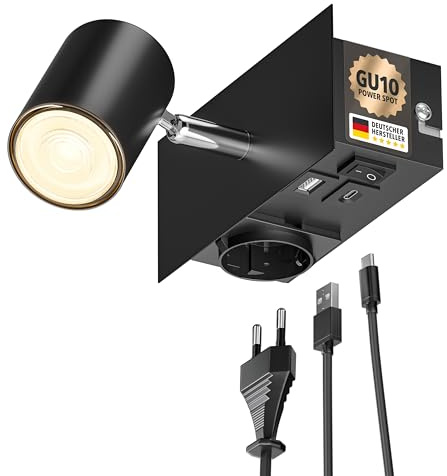 ledscom.de Väggspot WAIKA, 1-flammig, svart, sockel, USB-C, USB-A, inkl. LED GU10-lampa, 1103lm, 33°, varmvit
