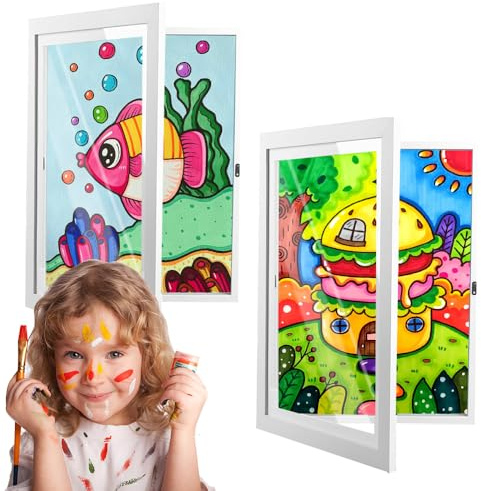 RNPKZ Kids Artwork Display Frame, 2 Pack Kids Art Frames Front Opening A4, Kids Artwork Frames Changeable Holds Up to 60 Pieces, Childrens Artwork Display Picture Frame for Drawings Schoolwork (White)