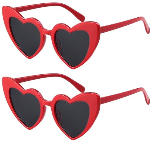 KBSICWO 2 Pezzi Occhiali da Sole a Forma di Cuore, Vintage Moda Amore Cuore Occhi di Gatto, Protezione Occhiali per Donna Uomo Bambini Party, Rosso