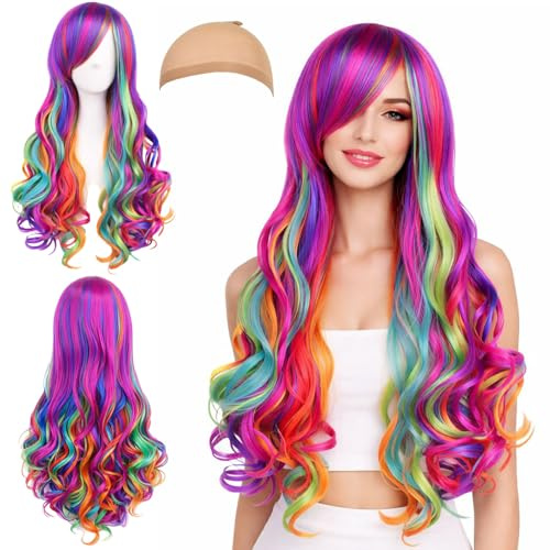 SSKHE Parrucca da donna con parrucca da 70 cm, colore arcobaleno, per uso quotidiano, vita quotidiana, Cosplay, Halloween, Carnevale