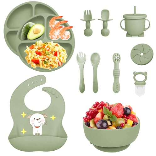 12 pièces Coffret Repas Bebe Silicone, Assiette bebe Set avec Ventouse Assiette Bol Fourche Cuillère Bavoir et Tasse, Enfant Set Couverts Vaisselle Pour Sevrage Manger (Vert) | Assiette, bol, bavoir, couverts, gobelet à boire & sucre de fruits – Idéal pour Baby Led Weaning et alimentation