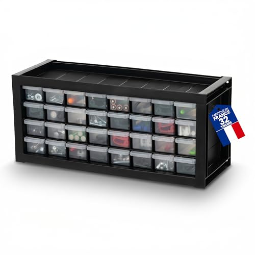 Iris Ohyama, Casier de Rangement Vis, 32 Tiroirs, Empilable, Fixation Murale, Butée de Tiroir, Polyvalent, Quincaillerie, Bricolage, Lego, sans BPA, Compartiments, DPC-32