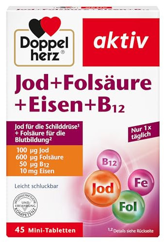 Doppelherz Jod + Folsäure + Eisen + B12 - Mit Folsäure als Beitrag für die normale Blutbildung – 45 vegane Mini-Tabletten