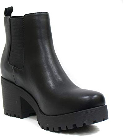 Soda Top Shoes Jaber Ankle Boot W Lug Sole Elastic Gore and Chunky Heel (BLACK PU, Medium, 7.5)