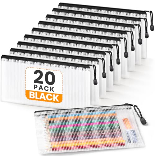 A6 Mesh Pencil Pouch Zipper File Bags, 20PCS Clear Pencil Case Plastic Wallets Folders Waterproof Storage Pouch for School Supplies, Bills, Cosmetics, Stationery and Travel Accessories, Black