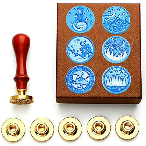 ANBOSE Moon Star Mountain Wachs Siegelstempel Set inkl. 6 Stück Kupfersiegel + Holzgriff, Retro Vintage Stempel für Briefkarten und Einladungen
