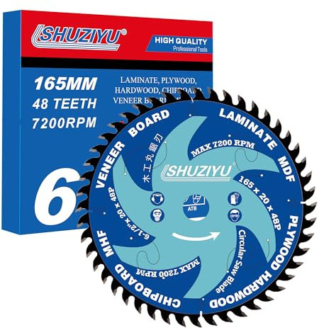LSHUZIYU, 165mm 48T, Dünne Schnittfuge 1.6mm. Mittelloch 20mm mit 15.88mm Unterlegscheibe. Akku-Sägezubehör, Kreissägeblatt für die Holzbearbeitung, Sägeblatt für Holz.