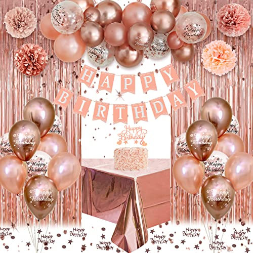 Geburtstagsdeko Mädchen Frauen, Rosegold Luftballons Geburtstag Dekoration, Happy Birthday Girlande, Geburtstags Tischdeko, Konfetti Luftballon für Mädchen Frauen Party