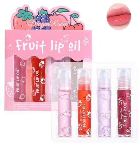 Pakivs 4Pcs Fruit-Flavored Lip Gloss Set,Transparent Colorless Moisturizing Plumper Lip Lotion Rolling Ball Lip Oil Liquid Lipstick