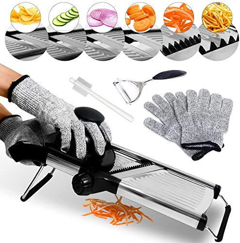 BAJWAZ Mandoline pour cuisine avec 6 lames réglables en acier inoxydable pour légumes et aliments | Friteuse avec éplucheur et gants de sécurité