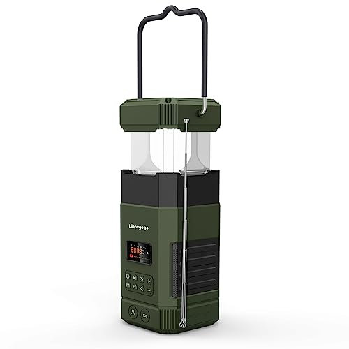 Libovgogo Wiederaufladbare LED Campinglampe, 3 Lichtmodi, IP65 wasserdichter Bluetooth Lautsprecher, 5000mah AM UKW Kurbelradio mit Handyladefunktion Solar, Taschenlampe, Stroboskoplicht, SOS Alarm