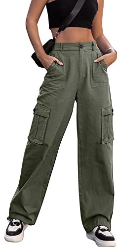 Dordanity Y2K Cargohose für Damen Baggy Hosen High Waist Wanderhose Baumwolle Arbeitshose mit Multi Taschen(Olivgrün,S)