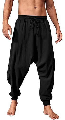 PASLTER Mens Pirate Pants Medieval Viking Costume Trousers Renaissance Halloween Baggy Harem Linen Pants Black