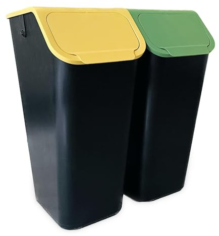 Go Practic Mülleimer Set 2 Stück 35L Gelb und Grün mit Deckel, Ohne Griff, Stapelbox Abfalltrennsystem zur Mülltrennung in Küche, Abfallsystem mit Click-Funktion, Abfallbehälter zur Trennung +Filter