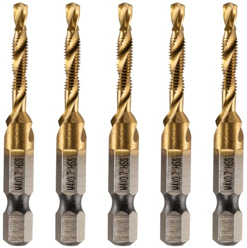 Rennie Tools - Pack Of 5 - M4 x 0.7 Combination Drill and Tap Bit, 1/4 Hex Shank. Metric Coarse Titanium Coated HSS Spiral Flute Drilling Tapping Tool. 4mm x 0.7mm Pitch Drill Bit.