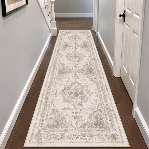 HUGEAR Vintage Passatoia Tappeto Corridoio Beige Tappeti 60x240cm Cucina Antiscivolo Lavabile in Lavatrice Tapette Camera da Letto Scendiletto Cameretta Ufficio Pelo Corto Lungo Carpet
