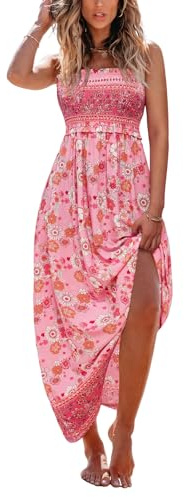 CUPSHE, Maxi abito lungo da donna estivo, da spiaggia, con motivo floreale, senza maniche, con spalline sottili e corpetto in punto smock arricciato, Fioreale rosa, M
