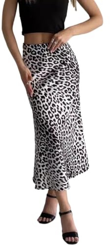 SUIUOI Jupe Maxi Motif Léopard en Satin pour Femme - Robe Longue Élégante Taille Haute - Jupe Décontractée Y2k d'Été - Blanc - M