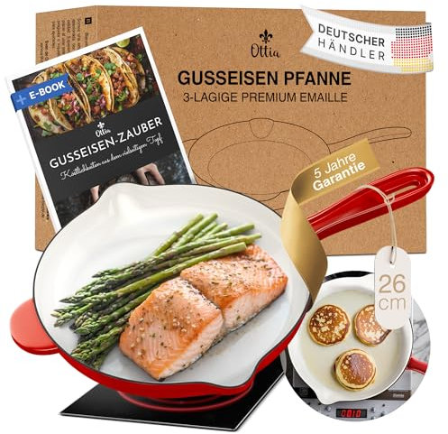 Ottia Gusseisen Pfanne emailliert, frei von Schadstoffen (kein PFOAS etc), 26cm, Servierpfanne mit Emaille, für Herd und Ofen, ergonomisch, mit Ausguß, bis 270° sicher, mit eBook, Händler aus Hamburg