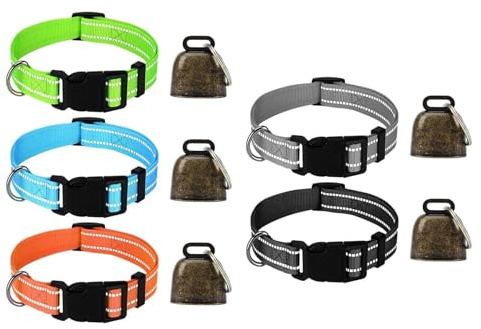 Confezione da 5 collari per capra con campane, collare regolabile in nylon con campane in rame, campanello anti-smarrimento per animali da fattoria, pecore, mucche, capre, accessori (riflettenti)