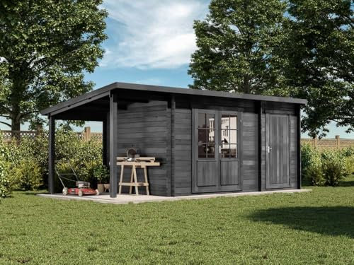 Alpholz Pultdach Gartenhaus Maria mit Anbau & Schleppdach Gartenhaus aus Holz in Grau, Holzhaus inklusive Schleppdach, Blockbohlenhaus, 28 mm Wandstärke