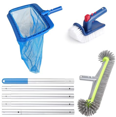 LALAGO Set per la Pulizia Della Piscina, Comprendente Spazzola per Piscina da 17″ E Spazzole Rotanti per la Pulizia Delle Mani e Manico in Alluminio da 175cm e Rete per L'Atterraggio Della Piscina