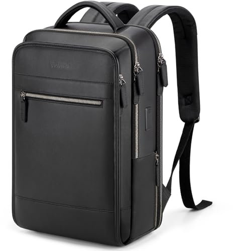 Tzowla leather Laptop Backpack Bags for Women and Mens,Genuine Ladies Leather Backpacks with USB/Type-C Charging Port Fits 15.6 Inch Notebook,Business Work Travel Slim Daypack-Black