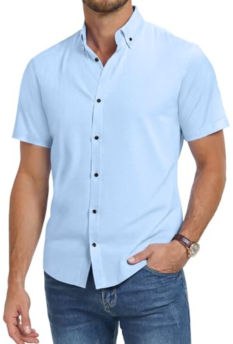 Misfuso Chemise Homme Manches Courtes en Couleur Uni Chemise d'Été sans Repassage Chemise Homme Décontracté Bleu M