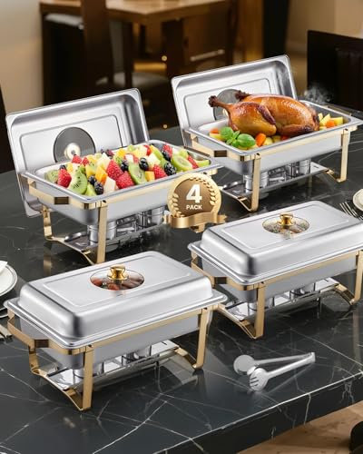 VEVOR Chauffe-Plat Rectangulaire 4PCs 7,5 L, Buffet Chauffant avec 4 Bacs Pleine Taille, Réchaud en Acier Inoxydable, Couvercle en Verre, pour Buffet Libre-Service Hôtel Traiteur Restauration, Doré
