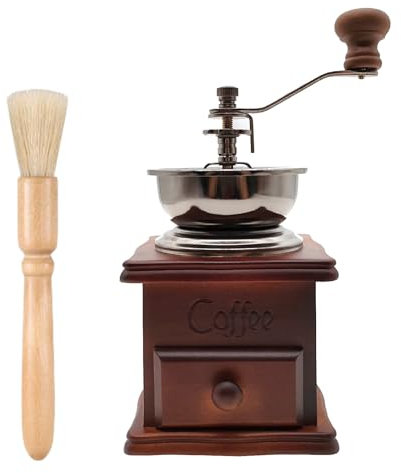 Moulin à café manuel en bois de style vintage avec manivelle en céramique, brosse de nettoyage manuelle en bois (18,8 x 8,4 x 15,7 cm)