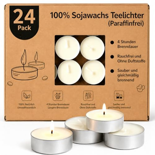 LETINE - 24 candele tealight, durata 4 ore, 100% cera di soia, tealight di soia, senza profumo, bianco, vegane, piccole candele di soia con coperchio in alluminio, per decorazioni di matrimoni e feste