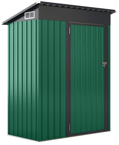GOPLUS Casetta per attrezzi in metallo, 150 x 90,5 x 185 cm, piccola con tetto spiovente, porta scorrevole e finestra di ventilazione, capanna da giardino con serratura, in metallo, per giardino